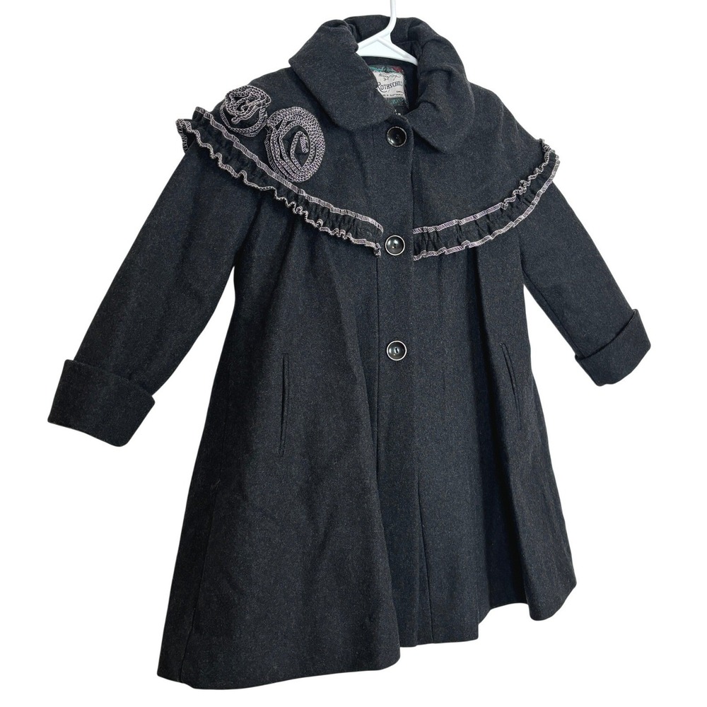 Rothschild Wool Blend Coat Girl 4T Gray Ruffle Capelet Floral Vintage Style